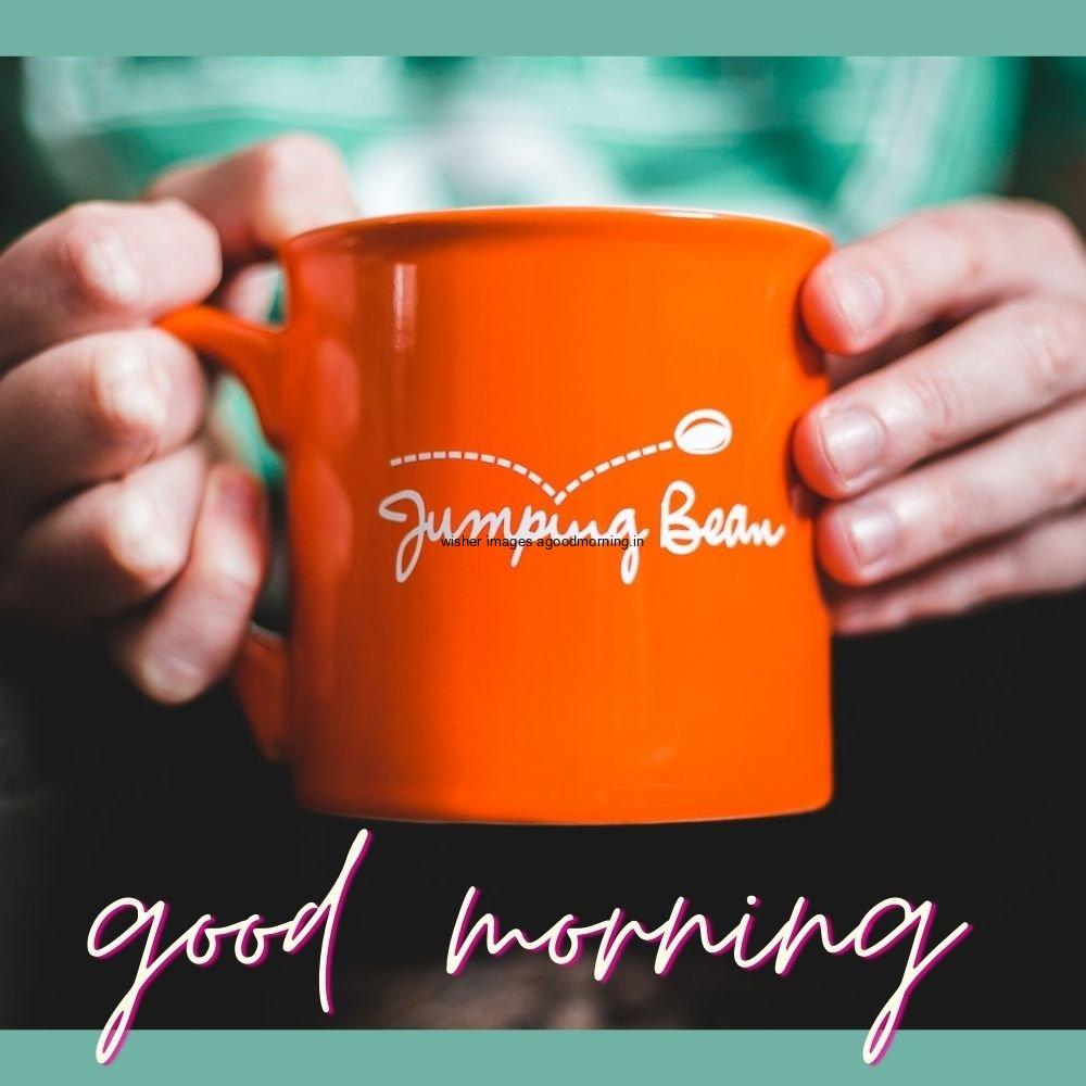 orange cup is holding by girl and good morning quote 