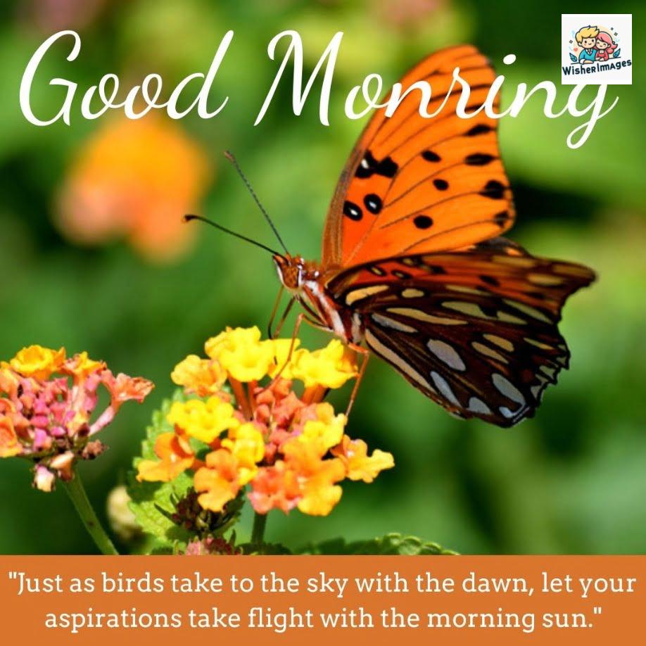 Butterfly on the flowers behind the green leaf, good morning quote is placed 