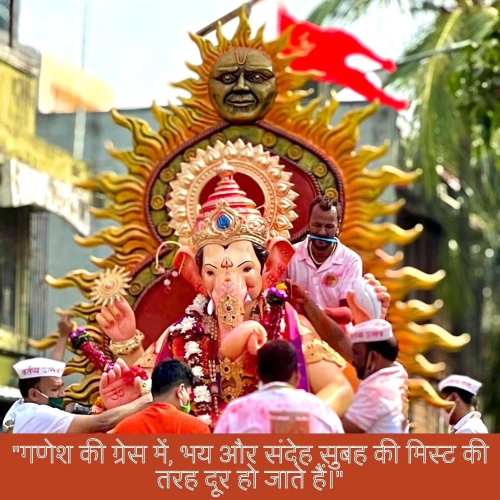 cream-pink ganesh ji stachu with many people, the people decor the ganesh ji stachu