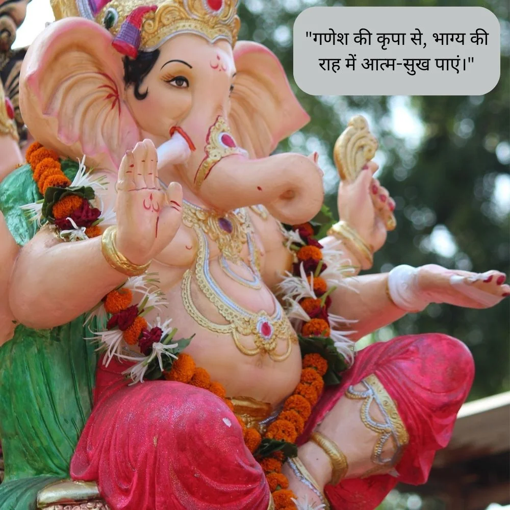 cream colour ganesh ji stachu with sit position, a garland of flowers is wearing  
