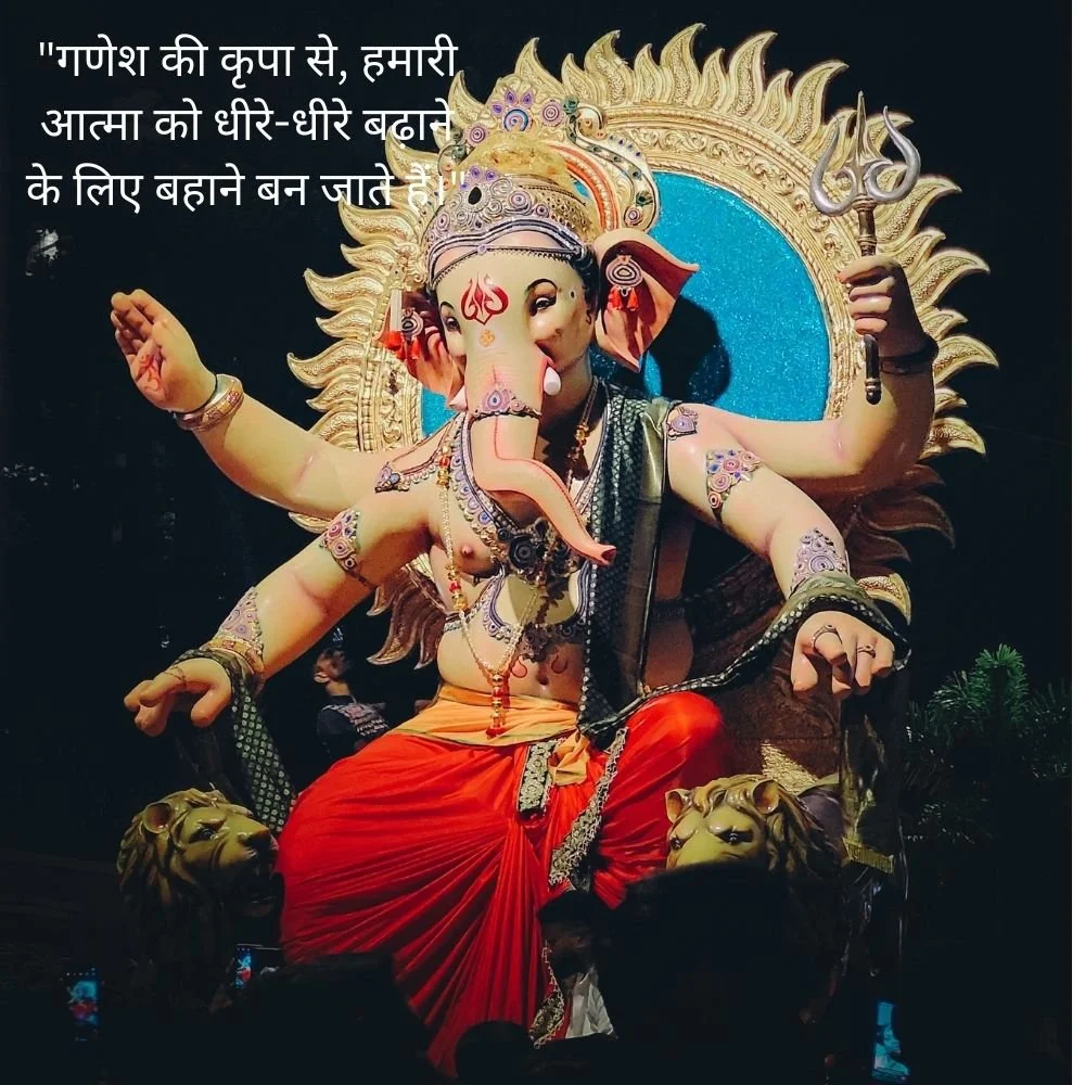 Creme color ganesh stachu siting on chair with golden crown, Ganesh ji wear jewellery. ganesh ji have many hand, every hand showing the power of ganesh ji wearing maroon lungi and Spiritual quote is placed, behind the ganesh ji dark black background is help to more enhance the ganesh ji