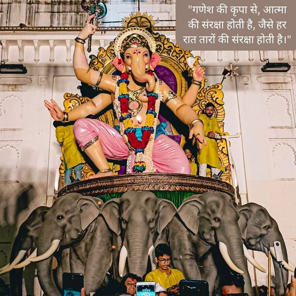 Yellow Ganesh ji stachu with many hand, every hand have some different weapons and some special things with flower and spiritual quote is placed