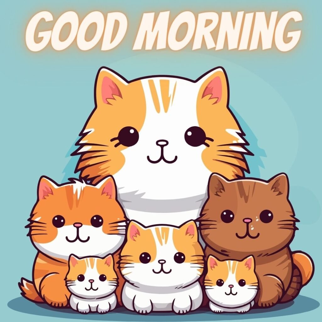 6-cute-cats-sits-together-5-cats-color-is-brown1-color-dark-brown-blue-background-is-setupgood-morning-quote-is-placed-1024x1024 50+ Good Morning images with Animals & insects