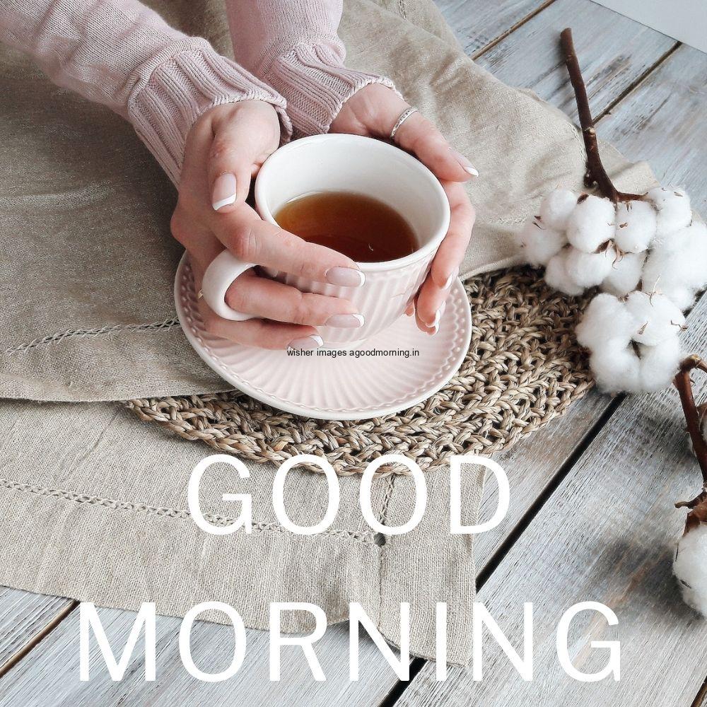 the lady hold white cup in the hand with good morning quote