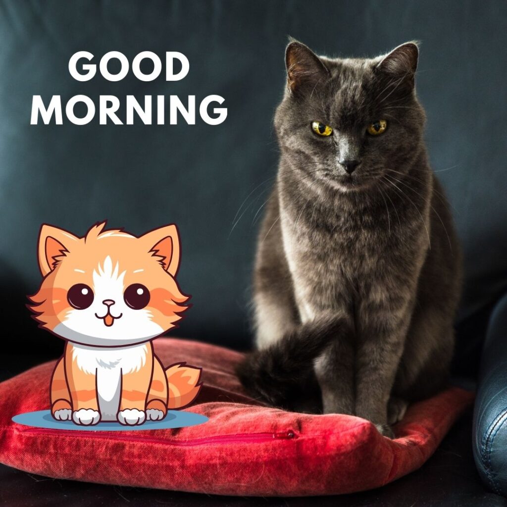 Black cat with big eyes is siting on red carpet, a cute cat also sit beside black cat, good morning quote is set