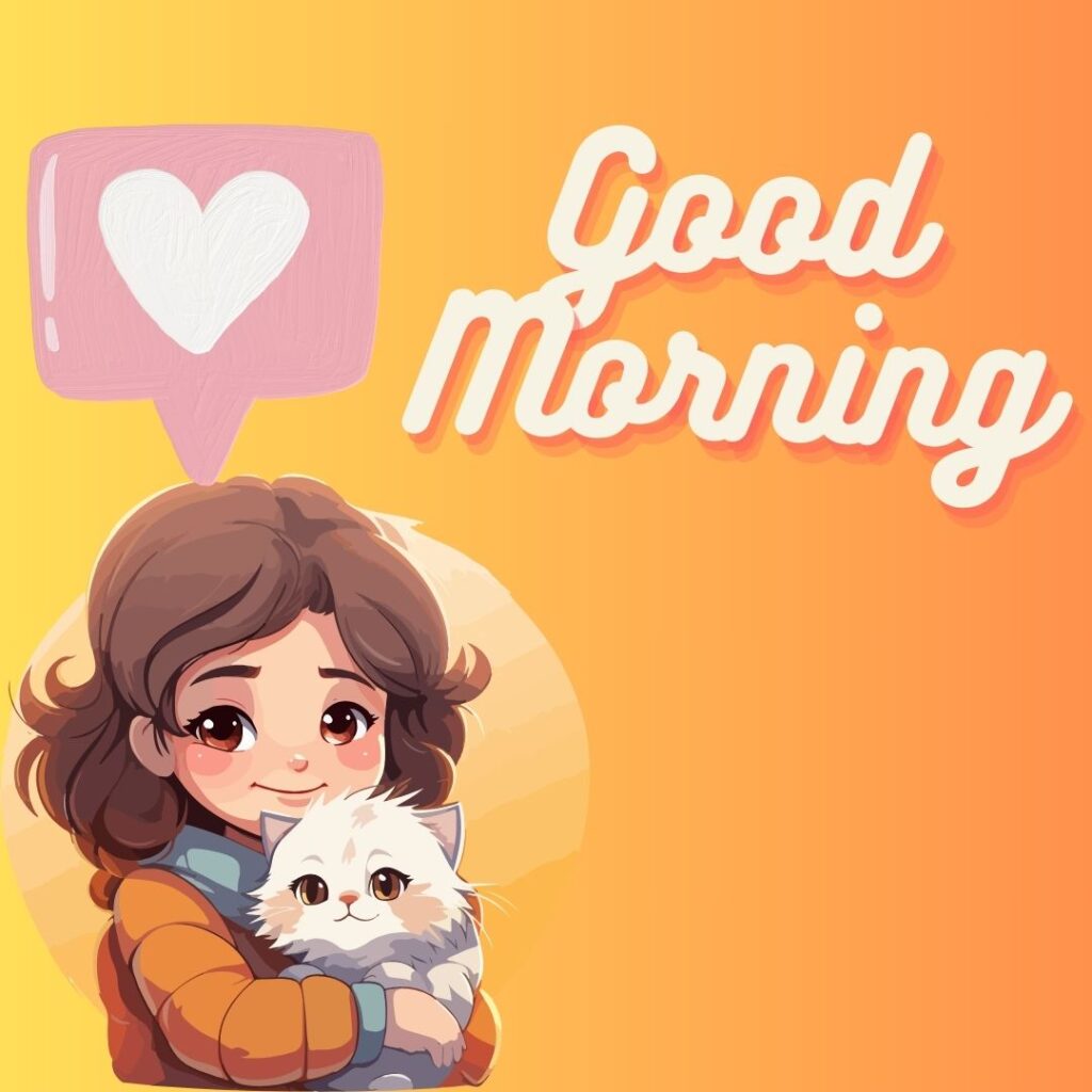 Girl with white cat, the girl is wearing the brown dress, orange colour is setup in background, good morning quote is placed