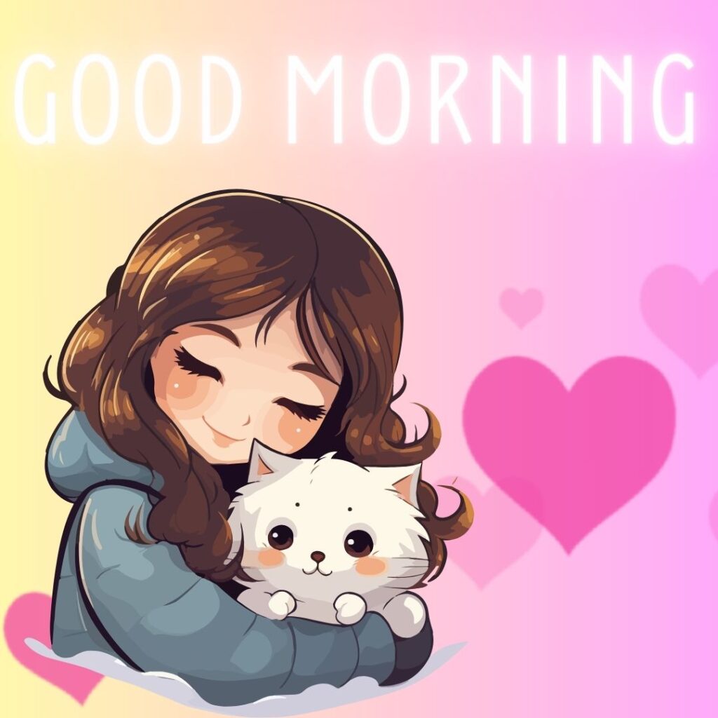 Girl with white cat, the girl is wearing the grey dress, pink with yellow colour is setup in background, good morning quote is placed