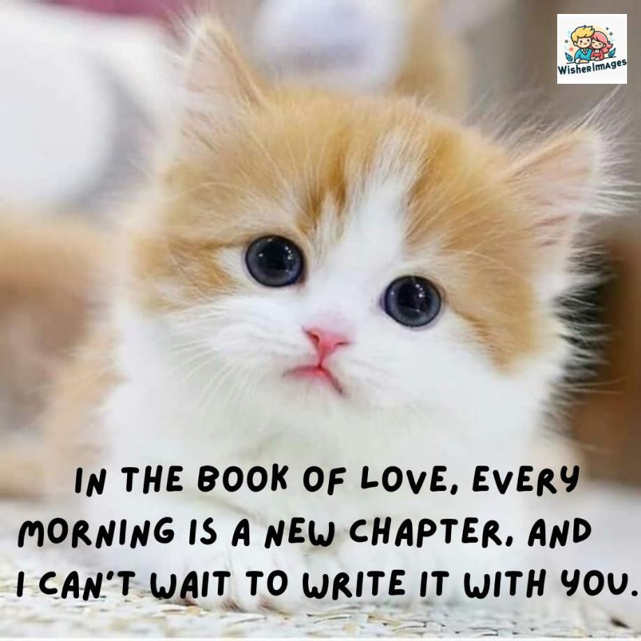 Brown & white color mix cat which is see in front of screen, good morning quote is placed