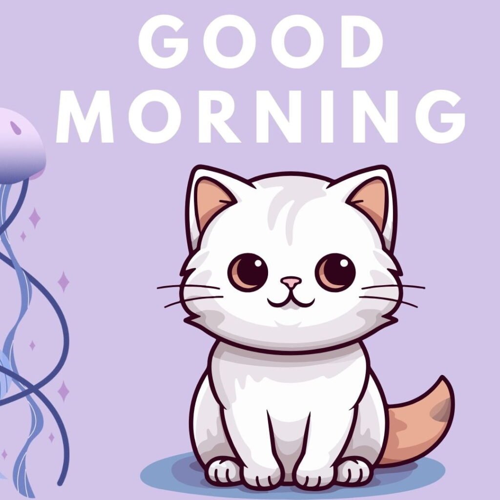 White cat with purple background and gel fish, white good morning quote is placed