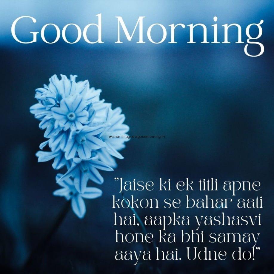 blue small flower with blue background, good morning quote, unique motivational quote