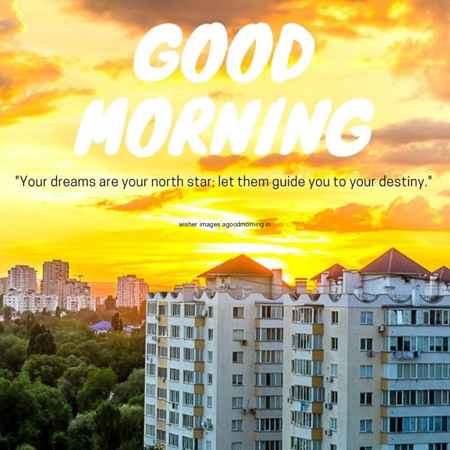 yellow sky with big buildings, mid of the sky good morning and quote text is visible