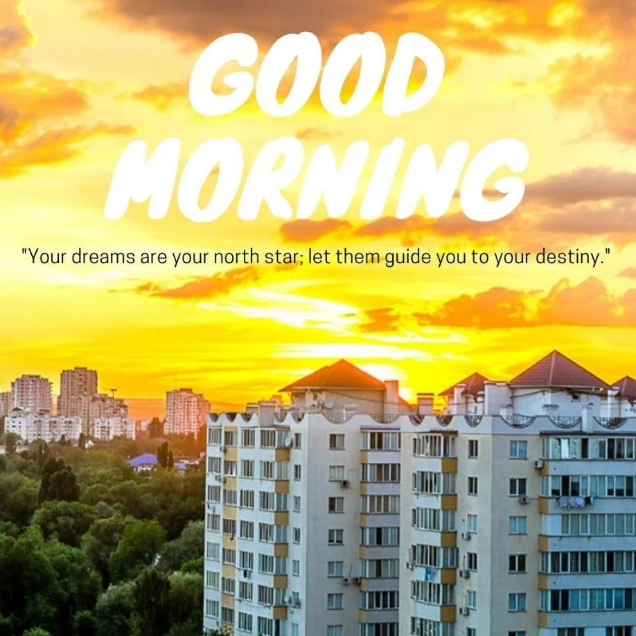 yellow sky with big buildings, mid of the sky good morning and quote text is visible