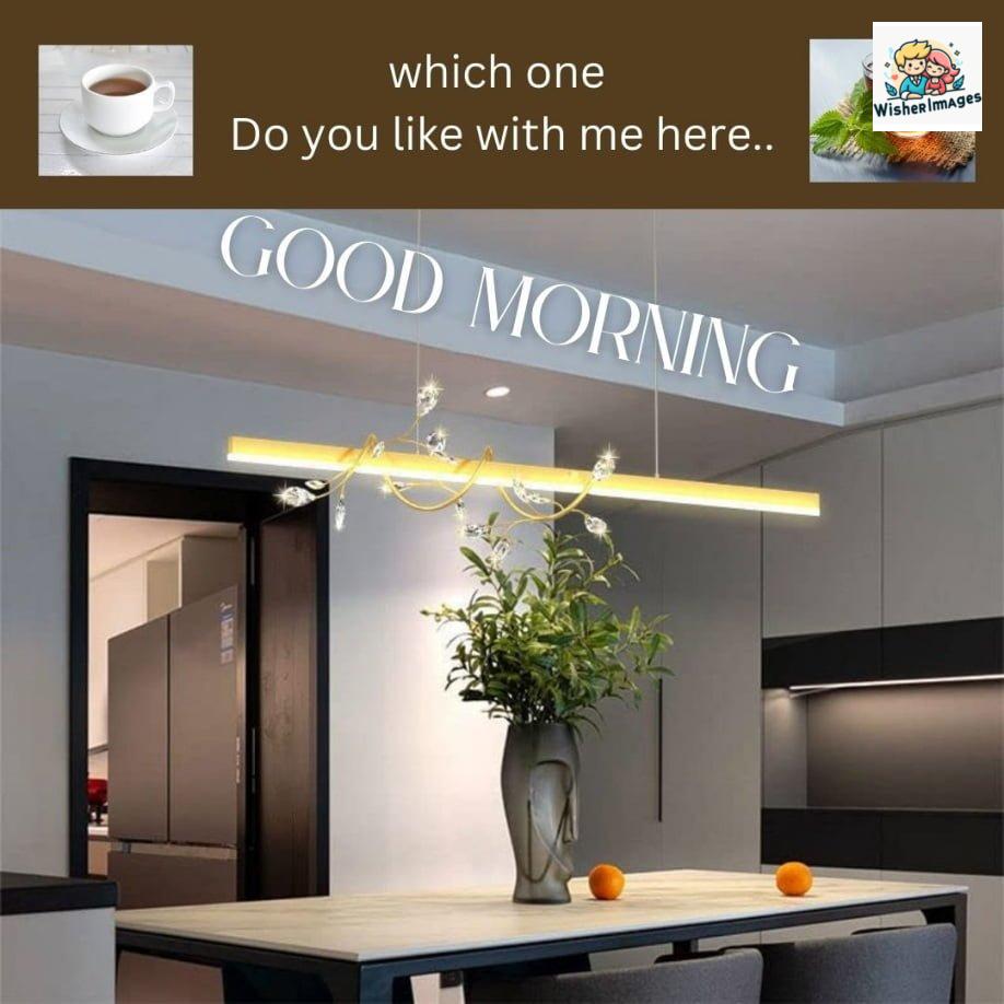 Big light is placed above the table, good morning quote is placed