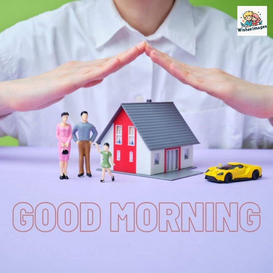 small house with small car and small couple is placed, above all one person is create home sign with help of hand good morning quote