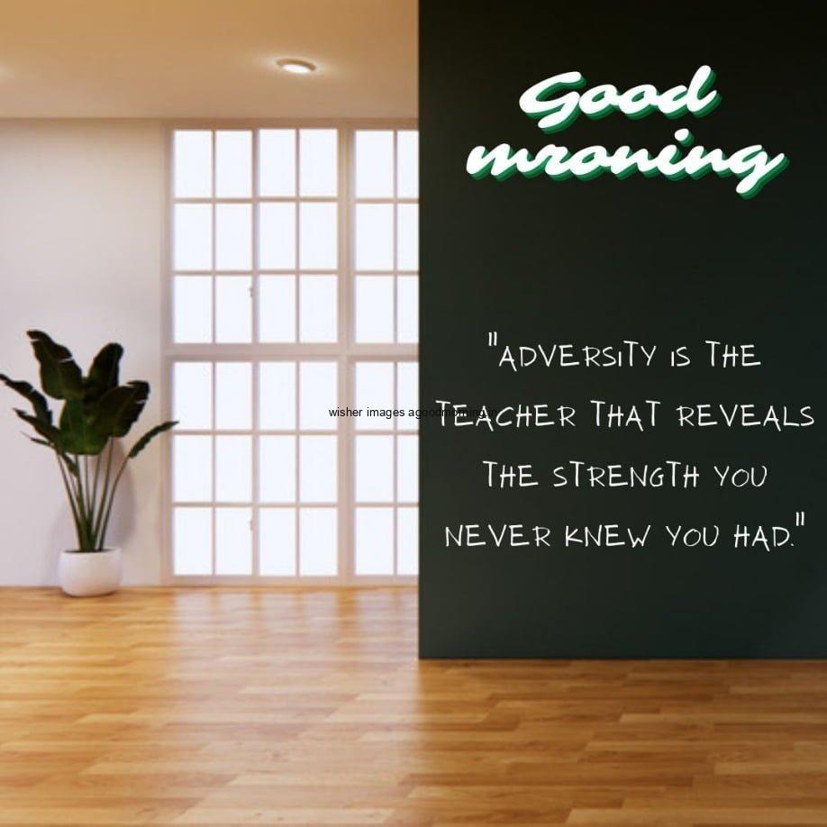 Empty room with black wall, light window and beside the window plant is placed, good morning quotes is displayed