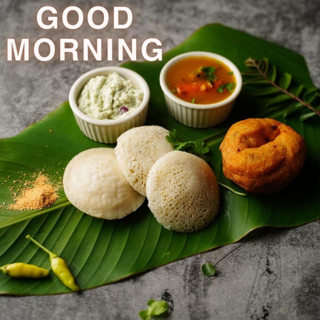 3 idlis and chatni  on the banana leaf with green chilly, good morning quote