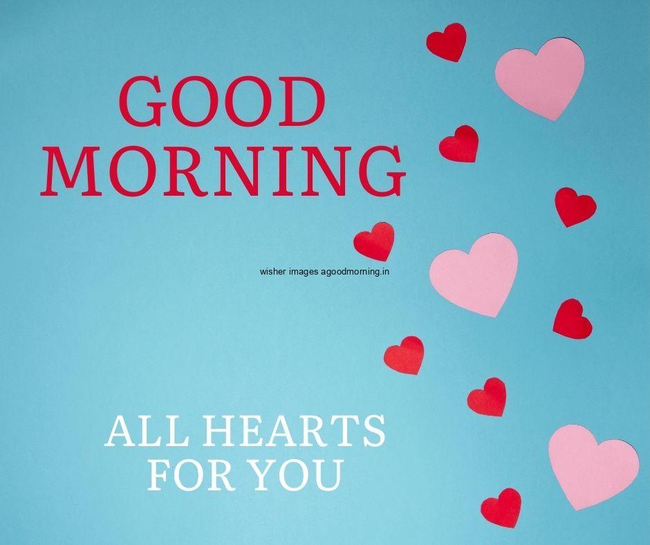 Blue-background-with-good-morning-love-quote-is-placed-many-pink-and-red-heart 75+ HD Good Morning Images for Couple