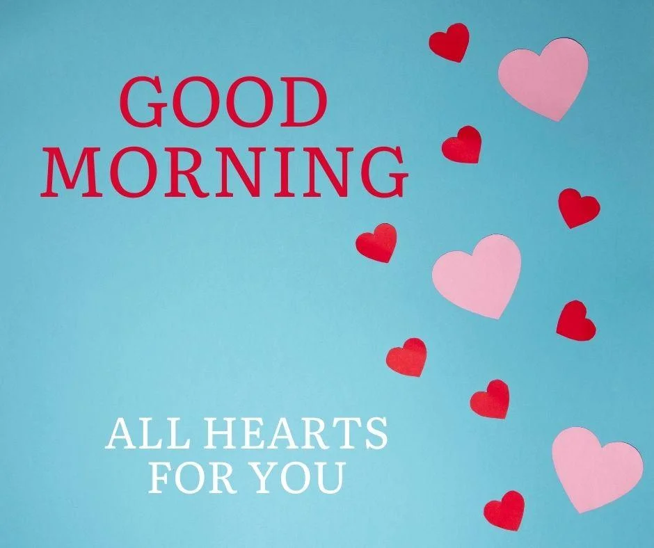 Blue background with good morning love quote is placed, many pink and red heart