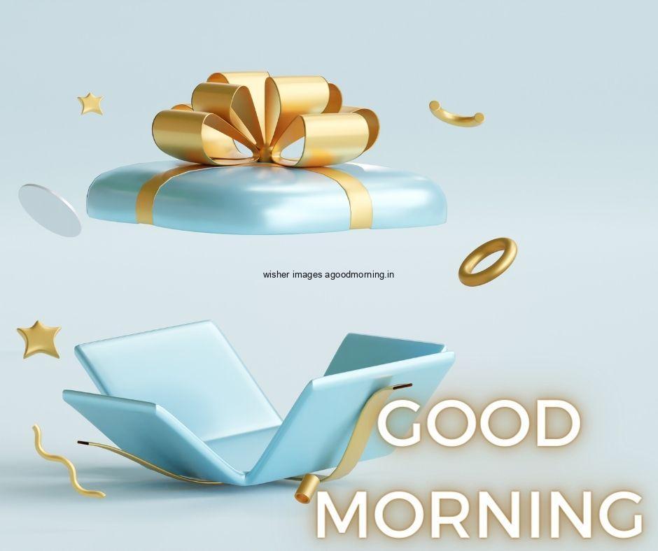 Blue colour background with breautiful sky blue colour gift with golden ribbon box good morning images box