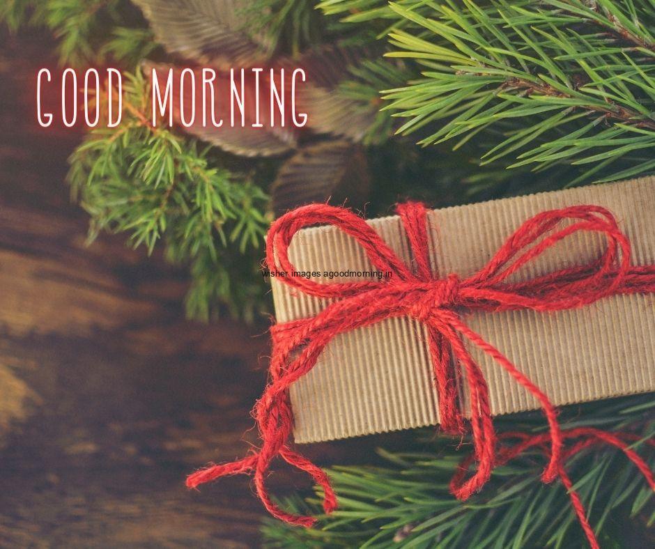 Brown-table-on-the-leafs-with-light-brown-gift-box-with-red-ribbon-good-morning-image 69+ Good Morning Images With Gift Boxes