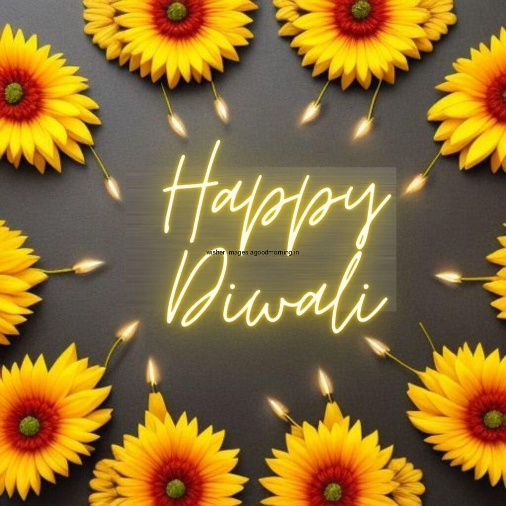 Every edge have a sunflowers flowers grey background with happy diwali images with happy diwali text