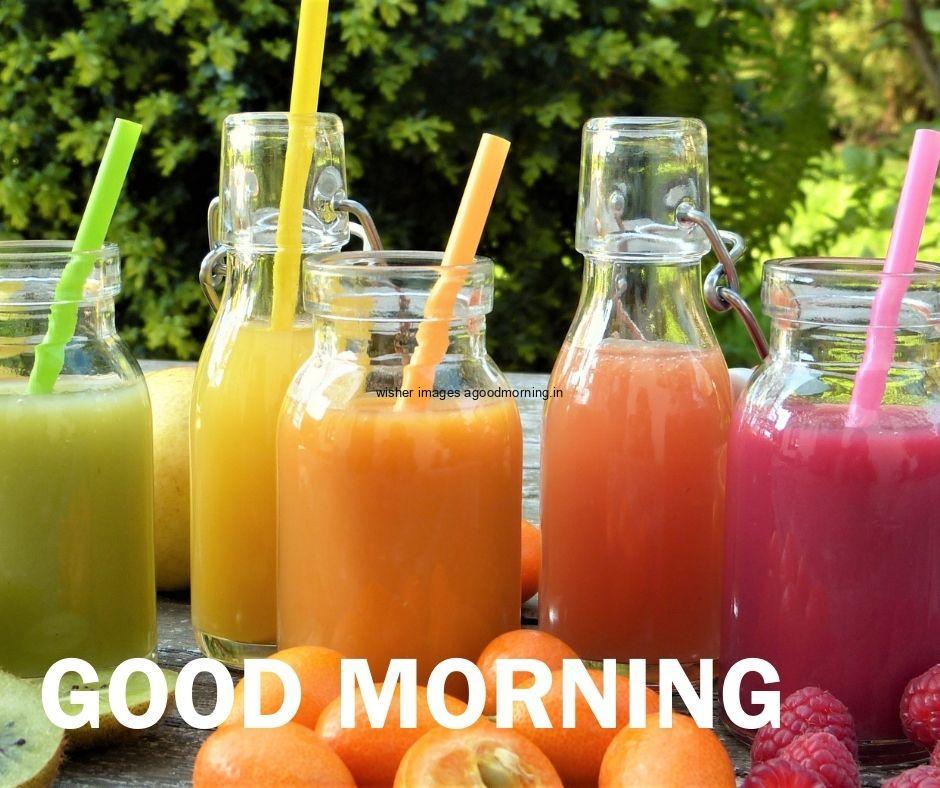 Good-morning-food-images-four-jucies-with-green-leaf-background-Text-colour-white-good-morning-image HD Good Morning Food Images Free download