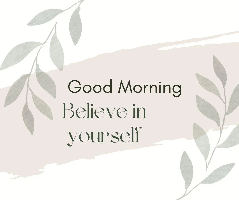 Green leaf with flowers white background good morning quote is placed in center