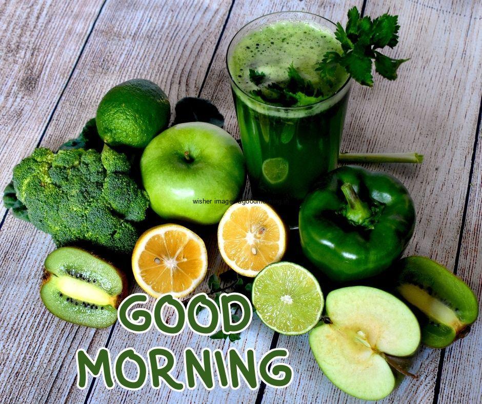 Grey background Green orange, chilly capsicum fruit and vegetable good morning image text colour Green with white border