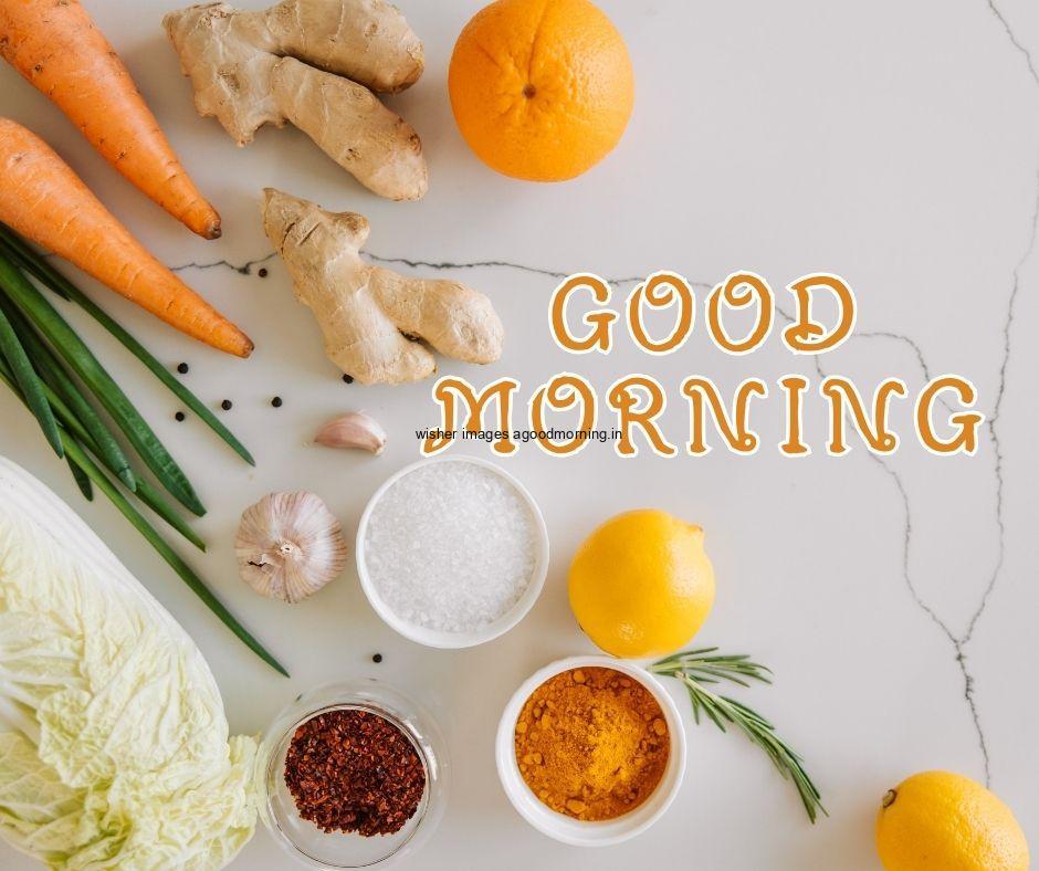 Grey background orange, chilly fruit and vegetable create cricle good morning image text colour yellow with white border