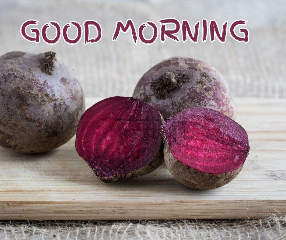 Grey background with Beetroot good morning image text colour purple with white border