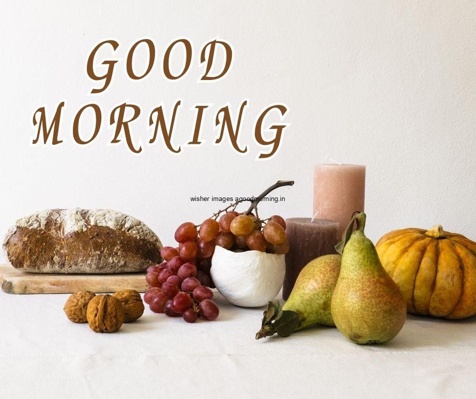 Grey background with banana fruit and vegitable good morning image text colour light red with white border