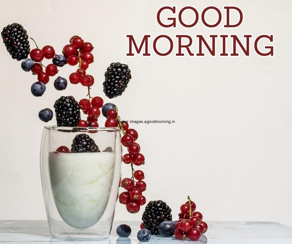 Grey background with berry in the glass milk mulberry good morning image text colour yellow with white border