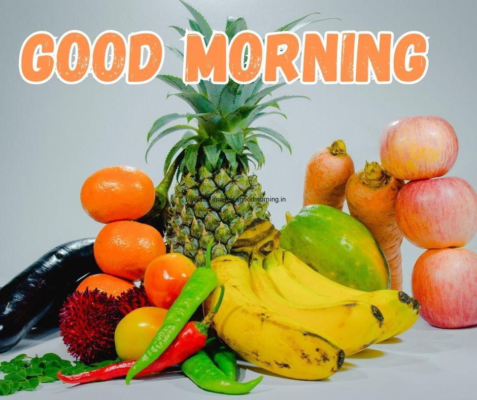 Grey background with fruit banana with vegetable good morning image text colour orange with white border