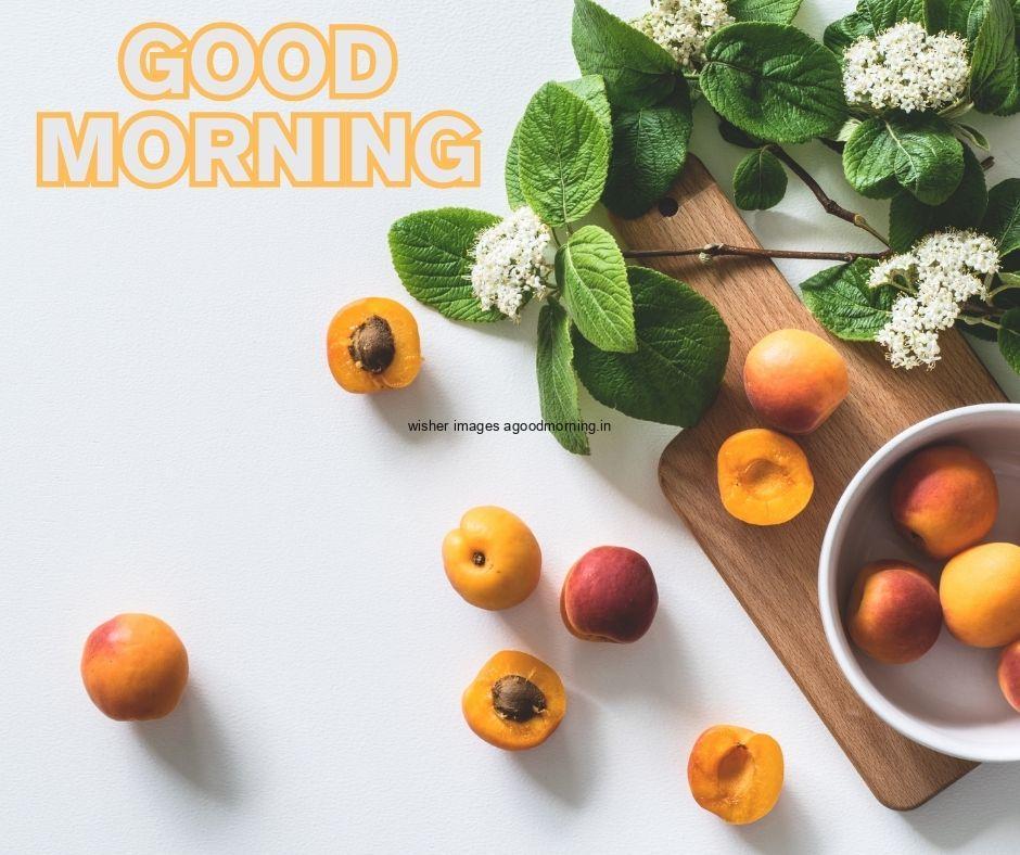 Grey background with fruit good morning image text colour orange border