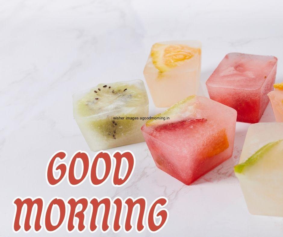 Grey background with fruits good morning image text colour yellow with white border