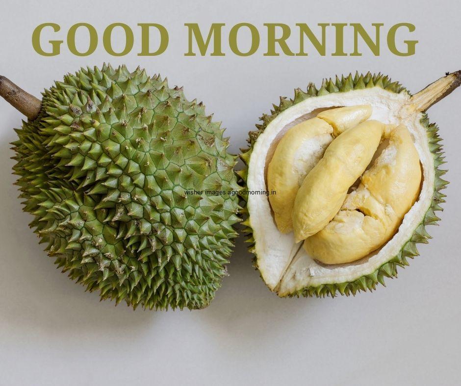 Grey background with green fruit good morning image text colour green with white border