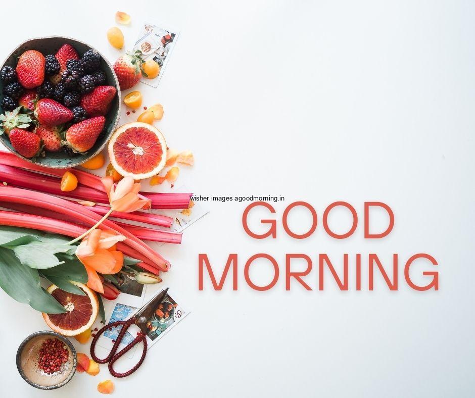 Grey background with morning fruit stobreey orange carrot many fruit good morning image text colour red