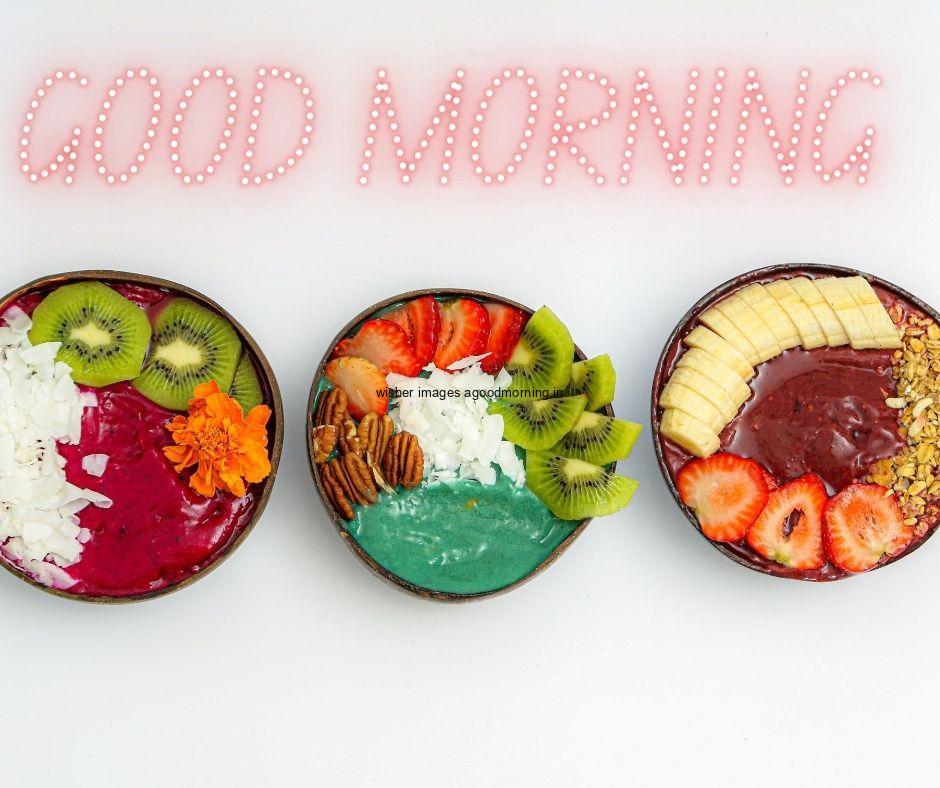 Grey background with three fruit bowl strawberry, kiwi good morning image text colour red with white border