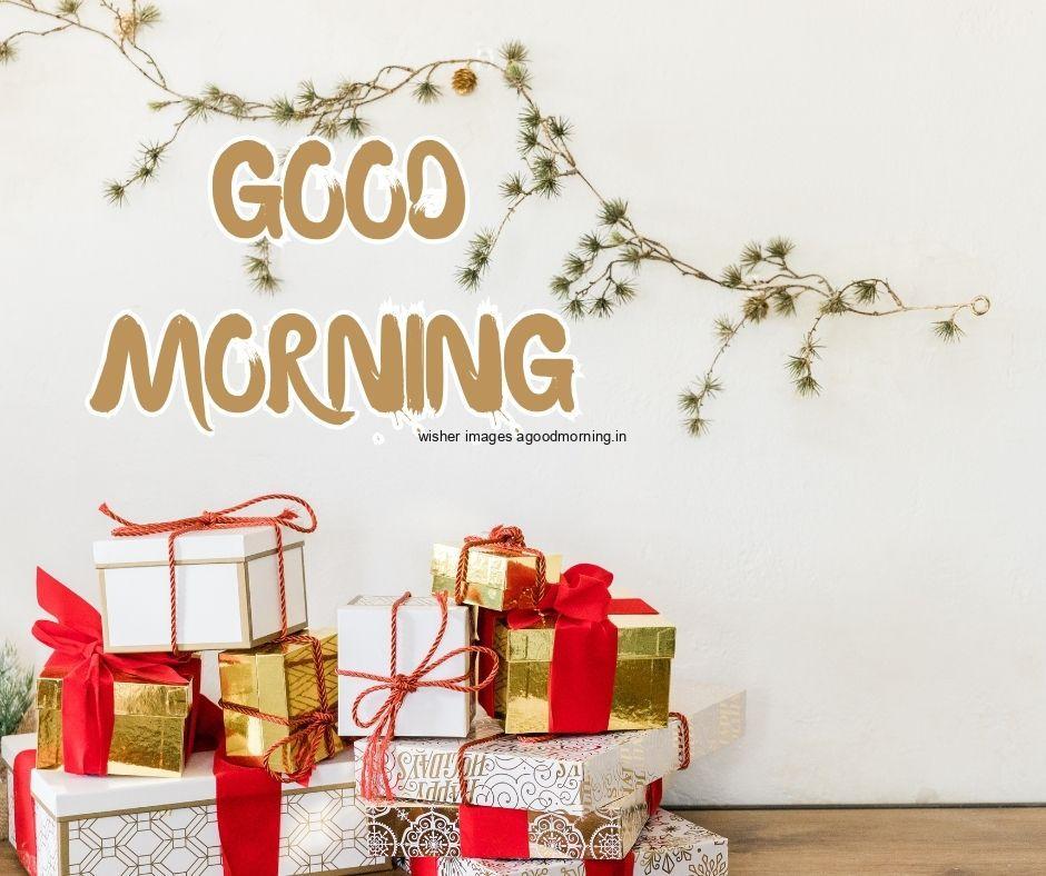 Grey colour background with breautiful white, golden colour gift boxes, red ribbon good morning images box