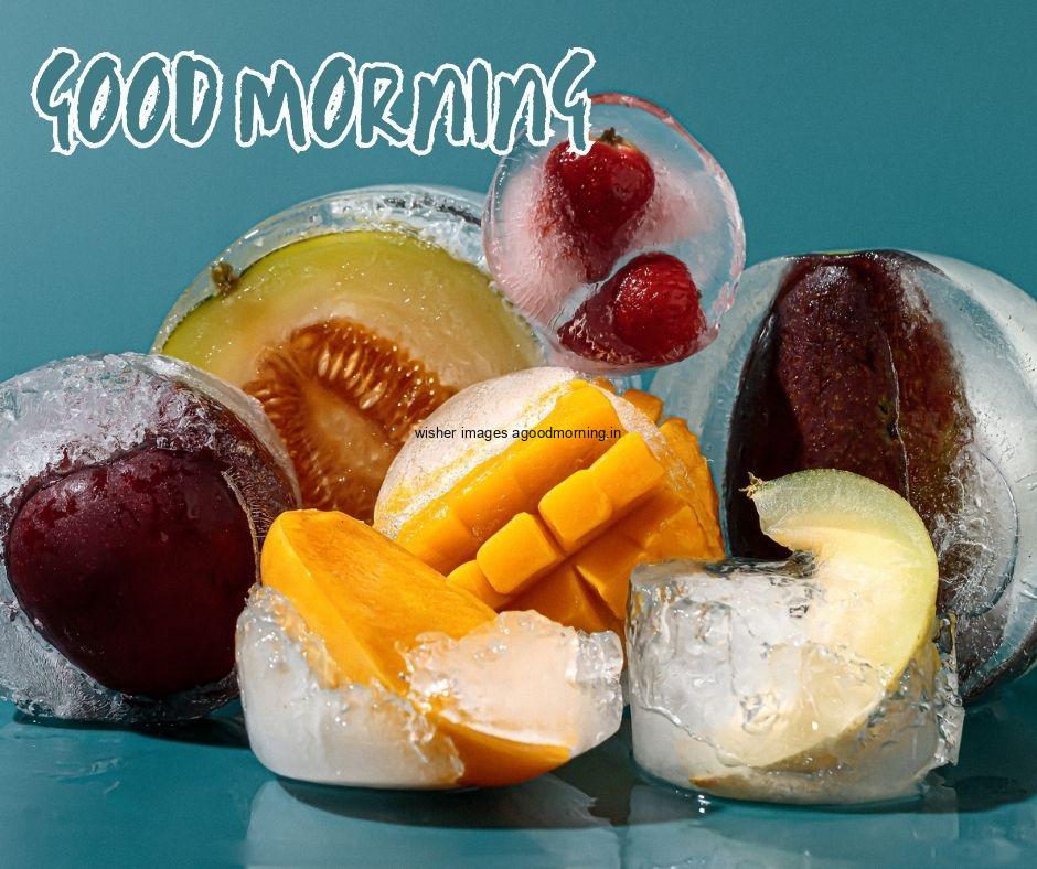 Light blue background with orange, mango many fruit good morning image text colour blue with white border