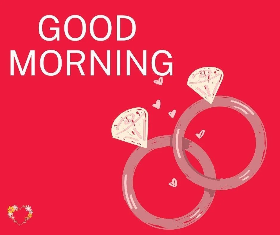 Red background with good morning love quote is placed, rings with heart shape flowers