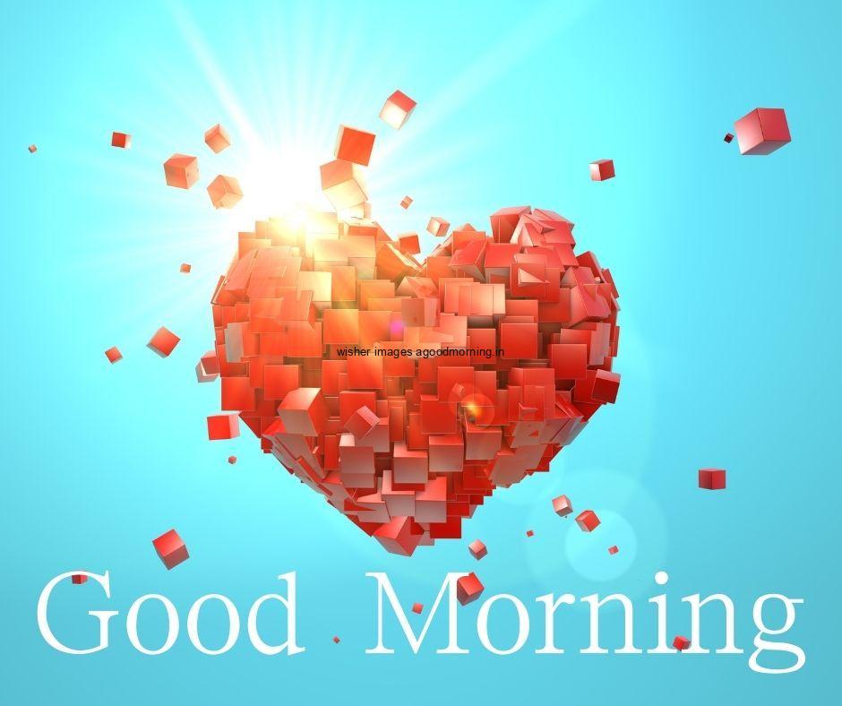 Red sqaures creates the heart shape in middle with sky blue background good morning love images free download