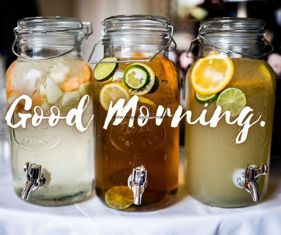 Three juice glass with taps good morning text in middle good morning food image