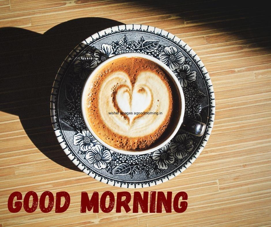 White heart in the Blue cup of coffee wooden in the background good morning love images free download