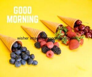 Yellow background with mulberry, strawbreey good morning image text colour white with white border