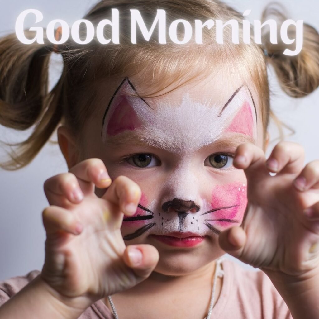 Baby apply makeup on his face makes cat face, good morning quote is placed