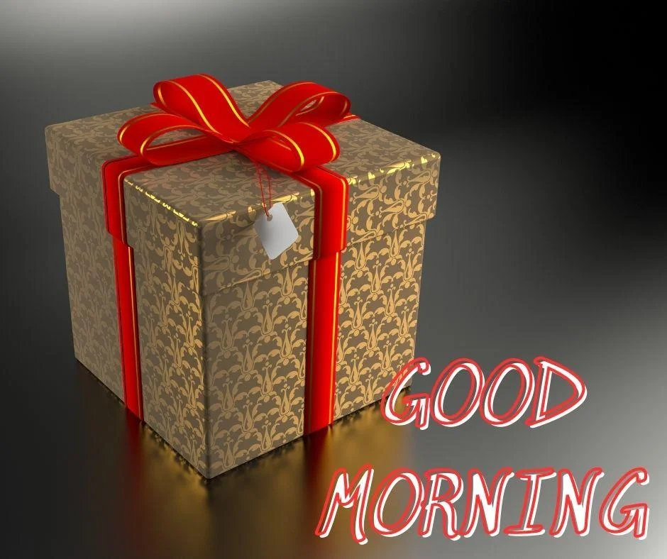 Black with grey colour background with breautiful light brown patten colour gift box with red ribbon good morning images box
