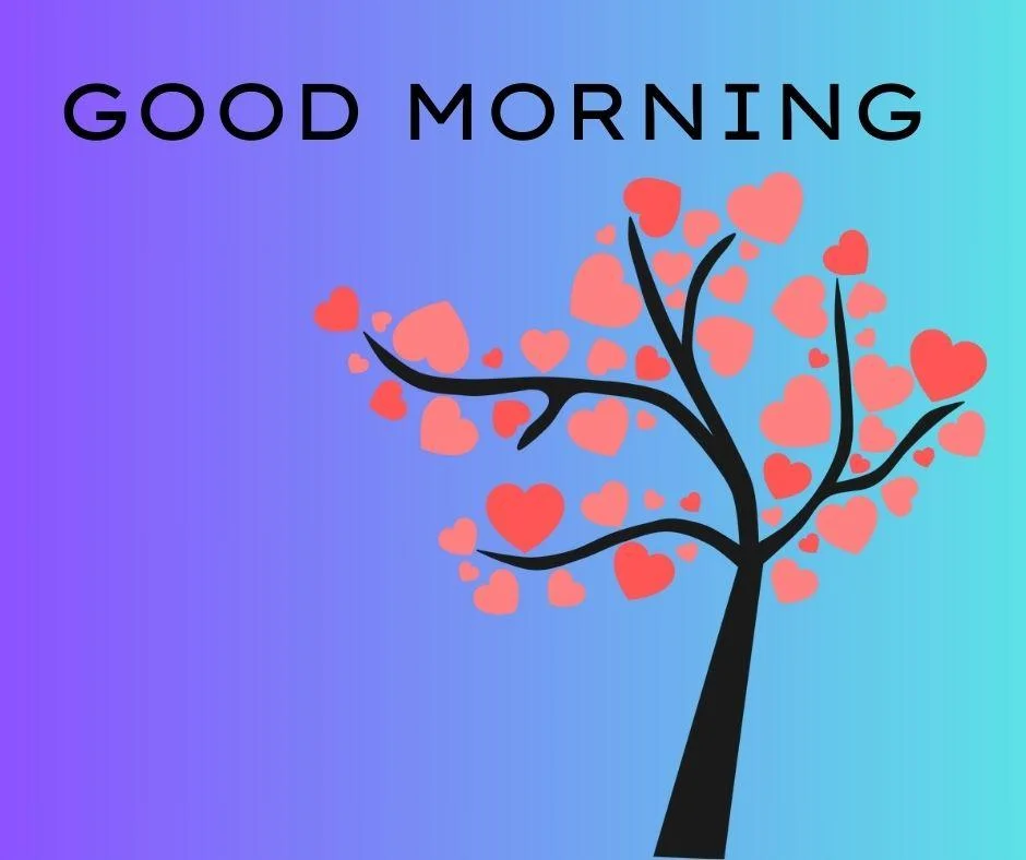 Blue background black text good morning love image black with pink colour tress is placed