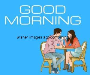 Blue background with white text colour couple shitting on chair and enjoy the cup of tea good morning love image