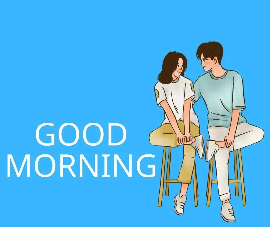 Blue background with white text colour couple shitting on the table good morning love image